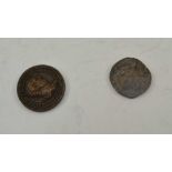 TWO COINS, one believed to be a copy of a Vitellius Sestertius with the laureate head of