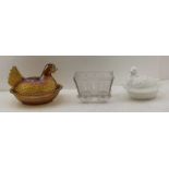 TWO EARLY 20TH CENTURY GLASS CHICKEN EGG BASKETS with a sugar bowl fashioned as a Coal Wagon (1880