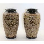 A PAIR OF DOULTON STYLE STONEWARE VASES, 28cm high