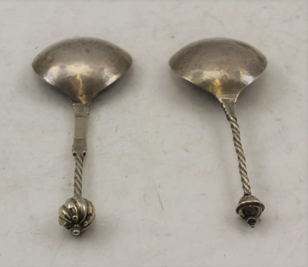 TWO 17TH CENTURY SILVER SPOONS, with large bowls, barley twist stems and knop terminals, some - Image 2 of 5