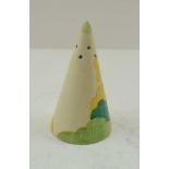 A CLARICE CLIFF DESIGN POTTERY CONICAL SHAKER, hand painted trees landscape decoration, printed '