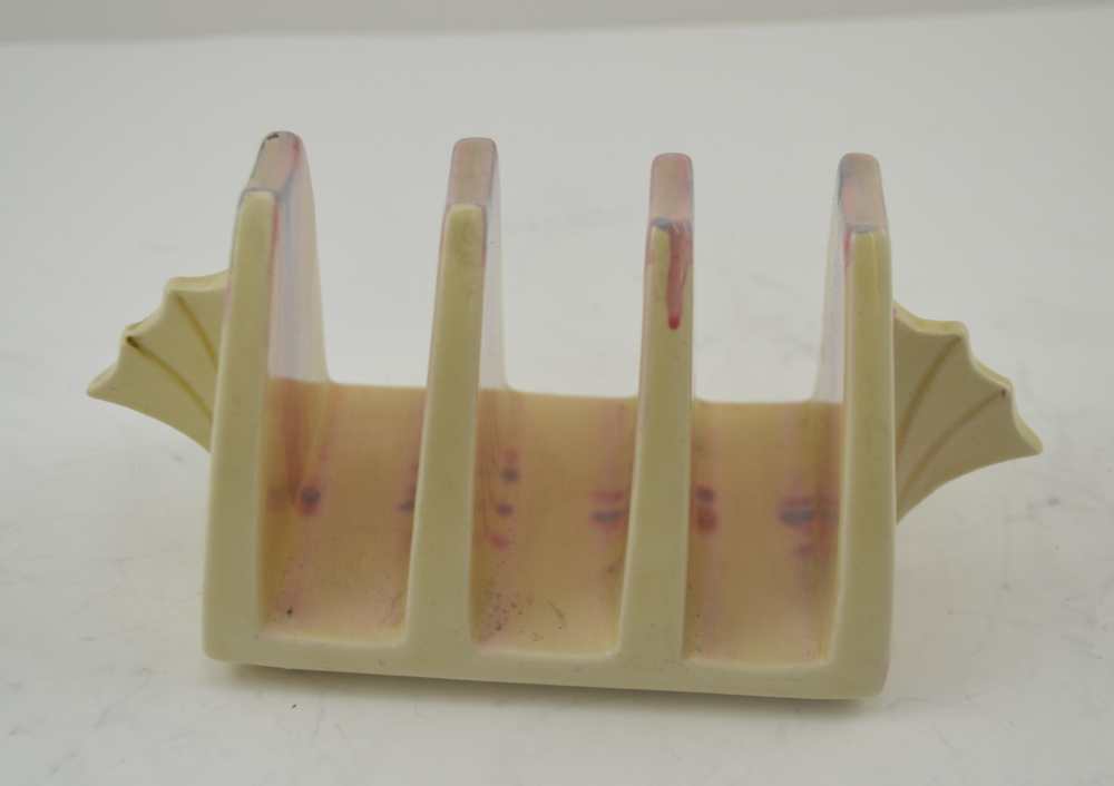 A CLARICE CLIFF NEWPORT POTTERY THREE SECTION TOAST RACK of Art Deco form, hand painted in the ' - Image 2 of 4