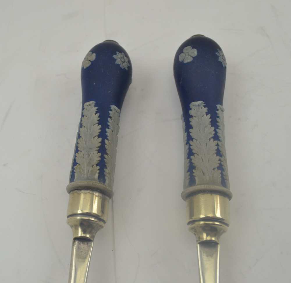 A PAIR OF WEDGWOOD BLUE CAMEO CERAMIC HANDLED SALAD SERVERS, three 19th century plated meat skewers, - Image 3 of 5