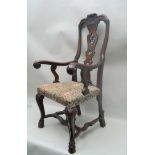 A GEORGIAN DESIGN OPEN ARM CARVER CHAIR, scroll back, with pierced splat, scroll terminal arms on