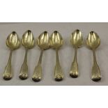 WILLIAM SUMNER A SET OF SIX GEORGE III SILVER GILT TABLE / SOUP SPOONS, fiddle and scallop