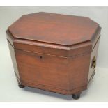 AN EARLY 19TH CENTURY MAHOGANY CELLARET of tapering canted form, having hinged cover, fitted brass