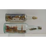 TWO SHIPS IN BOTTLES, polychrome painted, bottles 28cm high