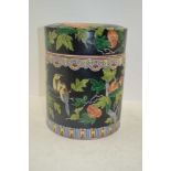 A 20th CENTURY CHINESE CYLINDRICAL POT and cover, large size, decorated with birds and flowers in