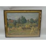 KAKSINKI (Polish 20th century) Harvest Time, figures loading stooks onto a horse drawn wagon. Oil on