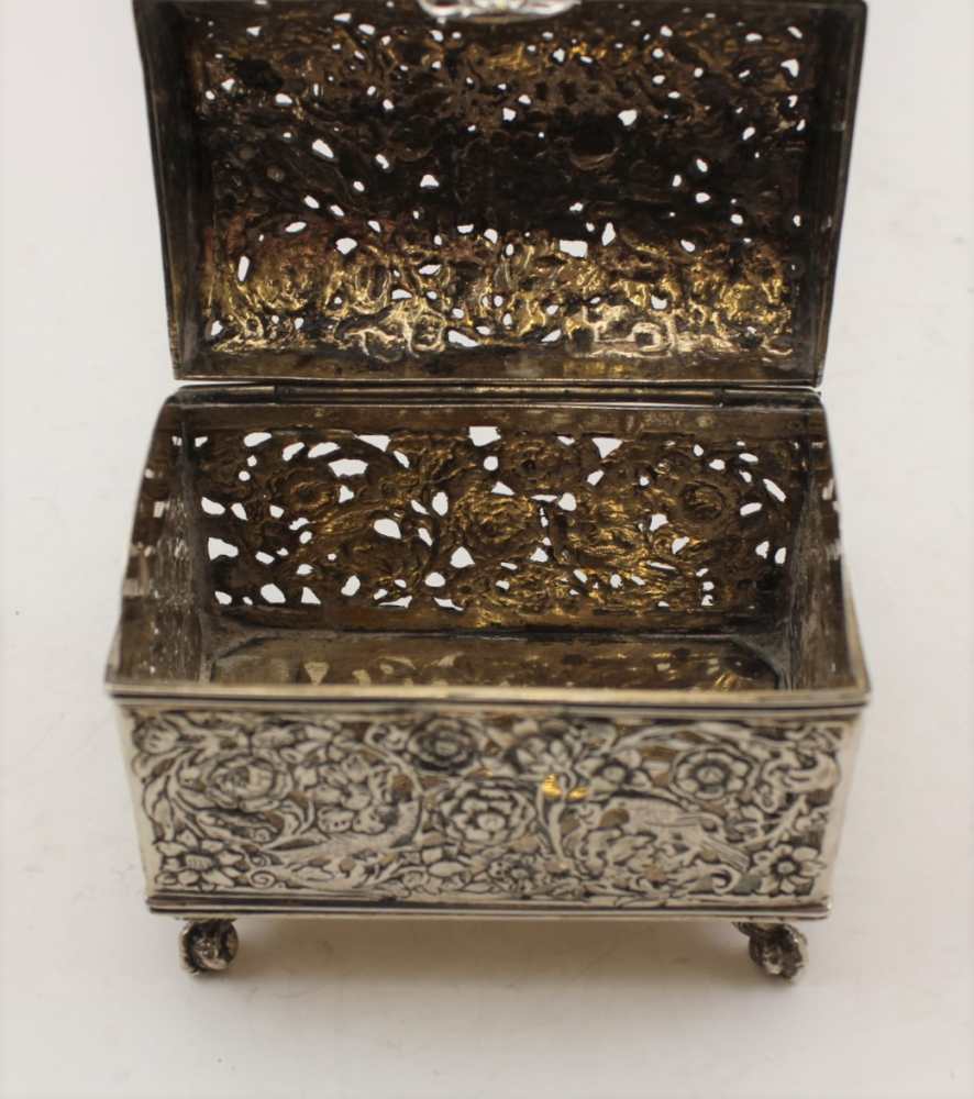 A DUTCH SILVER TABLE CASKET, domed hinged cover, cast, pierced design with birds and flowers, a mask - Image 3 of 7