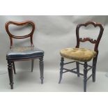 A VICTORIAN STYLE SINGLE CHAIR, buttoned fabric seat on turned supports, together with one other