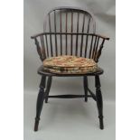 A 19TH CENTURY ASH & ELM COMB BACK OPEN ARMCHAIR on ring turned supports with 'H' shaped stretcher