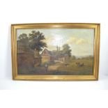 W.P. CARTWRIGHT (1864-1911) "Farmyard Scene" depicting barns, figures and cattle. Oil painting on