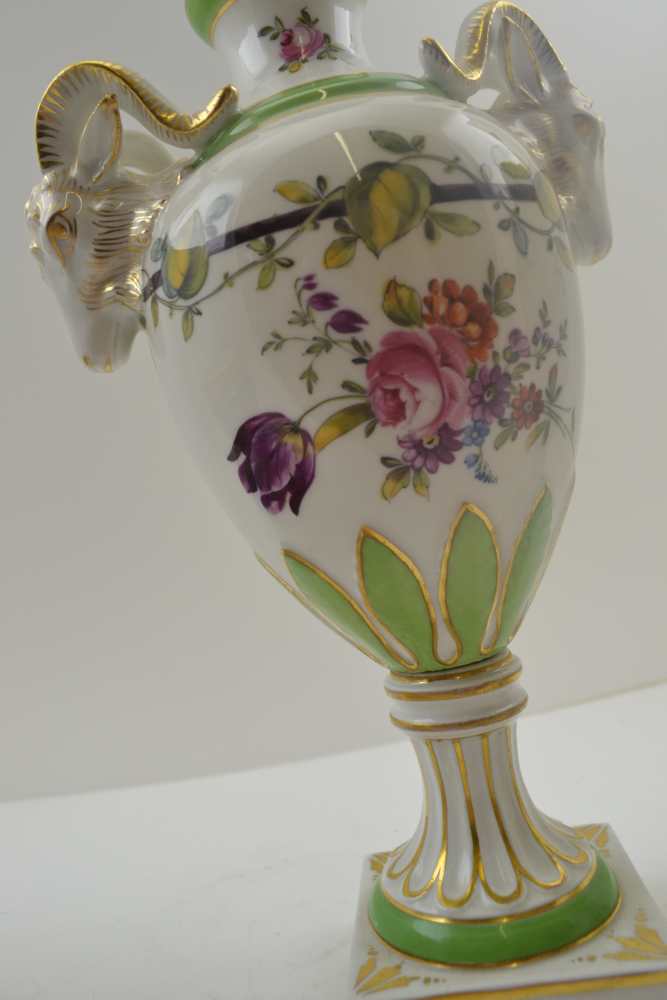 A PAIR OF CONTINENTAL CERAMIC BALUSTER VASES mounted with rams heads to the high shoulders, floral - Image 5 of 8