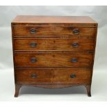 A 19TH CENTURY MAHOGANY CHEST OF FOUR LONG GRADUATED DRAWERS, cross banded top, oval stamped brass