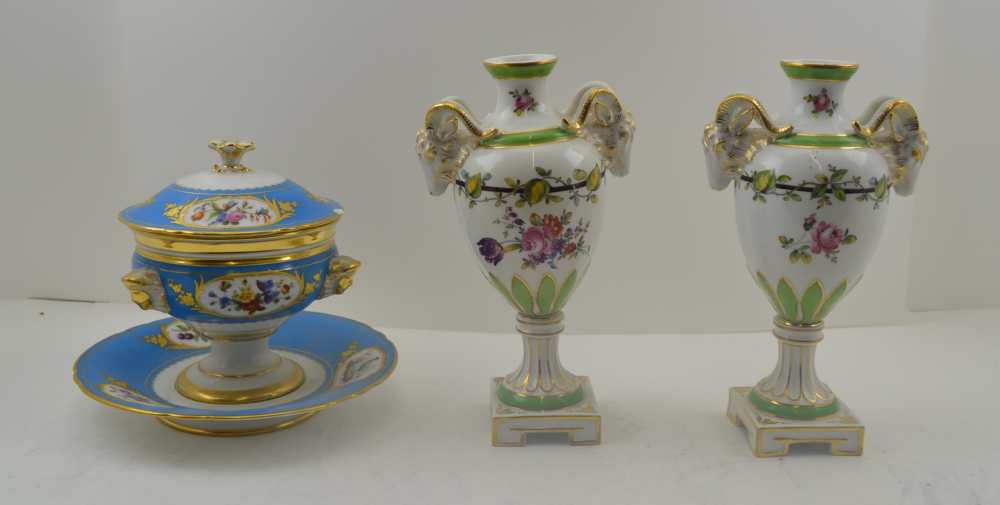 A PAIR OF CONTINENTAL CERAMIC BALUSTER VASES mounted with rams heads to the high shoulders, floral - Image 2 of 8