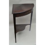 A LATE 19TH CENTURY ROSEWOOD TWO TIER CORNER TABLE, the frieze with Art Nouveau marquetry inlay,