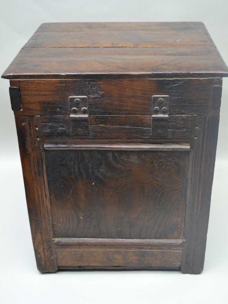 AN OAK HINGED LIDDED BOX, assembled from early 18th century panels, 41cm x 39cm x 48cm high - Image 7 of 7