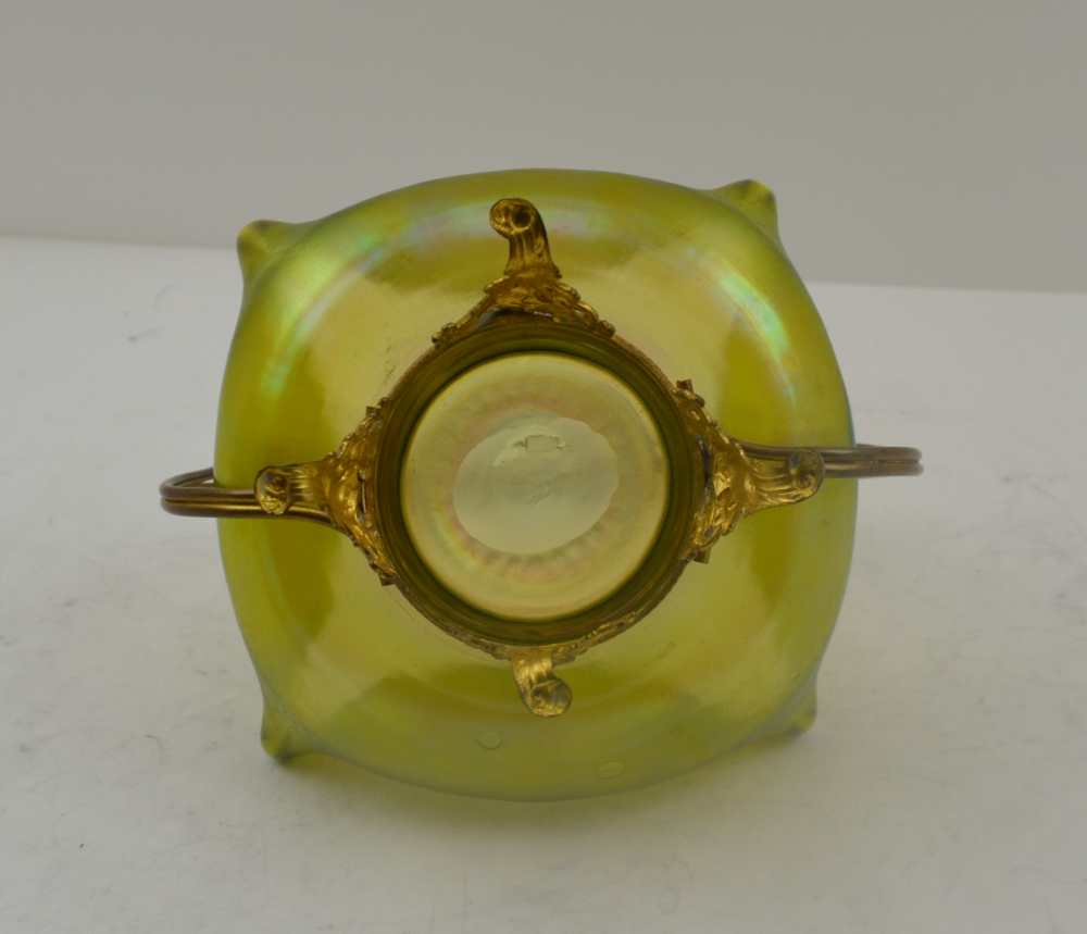 A POSSIBLY LOETZ LUSTRE GLASS FOLDED RIM DISH housed in a gilt metal frame, with intertwined knot - Image 2 of 4