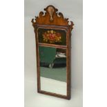 A GEORGIAN DESIGN MAHOGANY FRET FRAME WALL MIRROR, gilt scallop to the crest above a painted