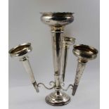 A SILVER PLATED TABLE EPERGNE, comprising a central flute, flanked by three branches supporting