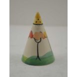 IN THE MANNER OF CLARICE CLIFF, POTTERY CONICAL SHAKER, hand painted trees in landscape decoration,
