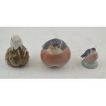 A ROYAL COPENHAGEN CERAMIC MOUSE sat upon a chestnut, 6.5cm high, together with two robins (3)