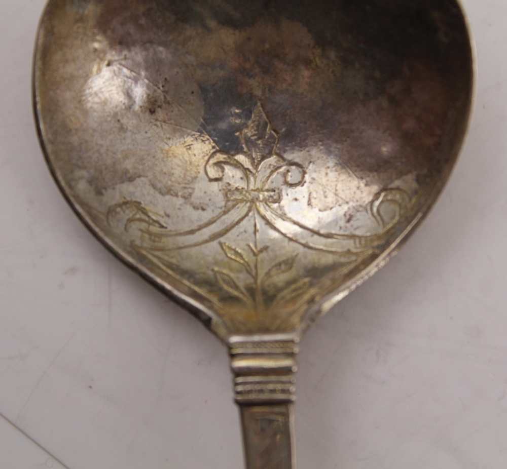 TWO 17TH CENTURY SILVER SPOONS, with large bowls, barley twist stems and knop terminals, some - Image 5 of 5