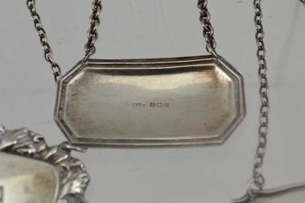 A COLLECTION OF SEVEN ASSORTED SILVER WINE & SPIRIT LABELS, various stamped shapes, with chains, - Image 2 of 4