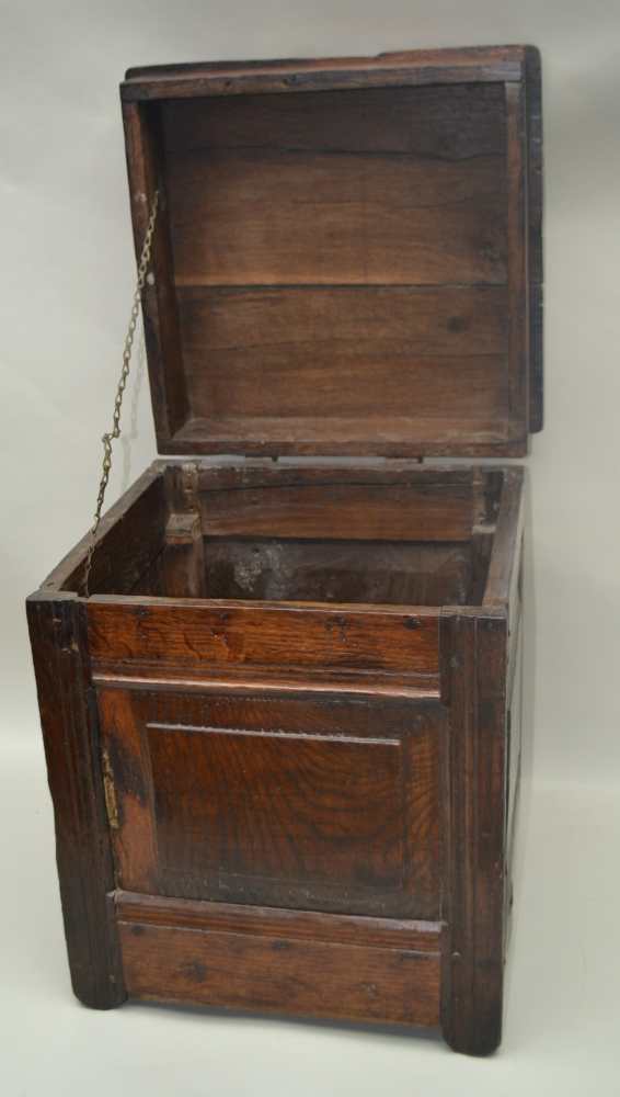 AN OAK HINGED LIDDED BOX, assembled from early 18th century panels, 41cm x 39cm x 48cm high - Image 2 of 7