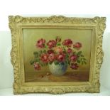 20TH CENTURY BRITISH SCHOOL, Still Life - Vase of Pink Roses, oil painting on canvas, indistinctly