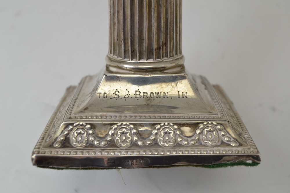 JAMES DEAKIN & SONS, A PAIR OF SILVER COLUMN CANDLESTICKS, square stepped bases, Sheffield 1902, - Image 3 of 4