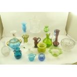 A COLLECTION OF CLEAR AND COLOURED GLASS, includes a small Davidson's blue pearl ware jug c.1890,