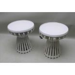 A PAIR OF WHITE FINISHED HABITAT CIRCULAR TOPPED SIDE TABLES on open slatted base, 52cm high, 46cm