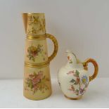A ROYAL WORCESTER CHINA BLUSH IVORY GROUNG JUG of tapering form, gilded bound reed handle, hand