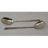 A PAIR OF SILVER SALAD SERVERS, London 1913 together with two silver honey spoons, Birmingham 1896 &