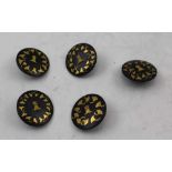 FIVE 19TH CENTURY STEEL BUTTONS, possibly gold inlaid, central owl motif, 2.5cm diameter