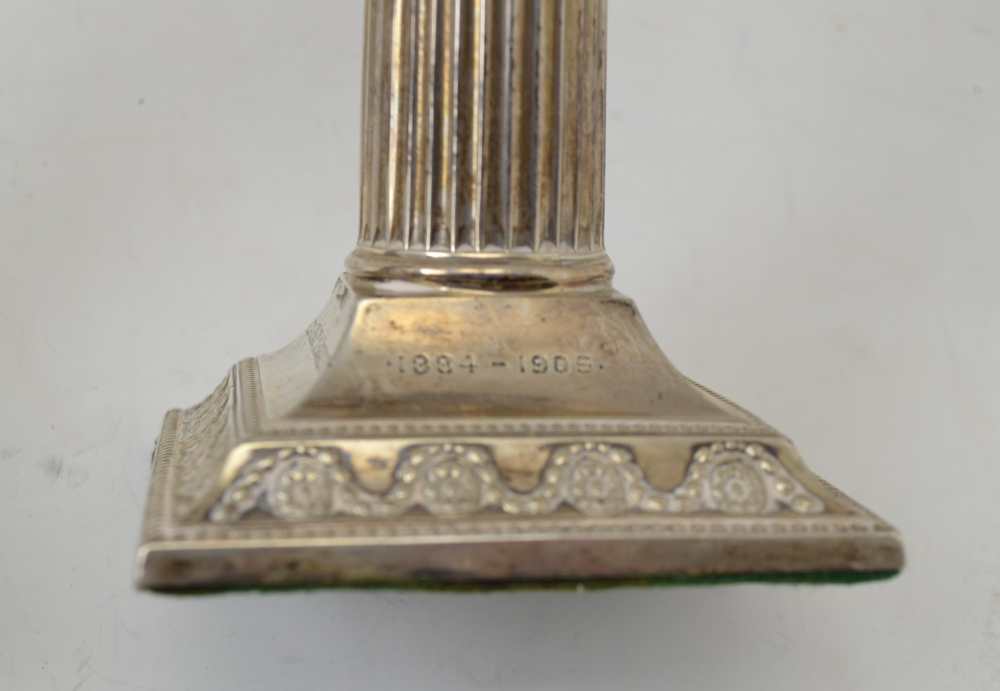 JAMES DEAKIN & SONS, A PAIR OF SILVER COLUMN CANDLESTICKS, square stepped bases, Sheffield 1902, - Image 2 of 4