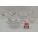 A MOULDED GLASS HEN FORM BUTTER DISH, two stemmed fruit bowls, a cut glass jug decanter & stopper,