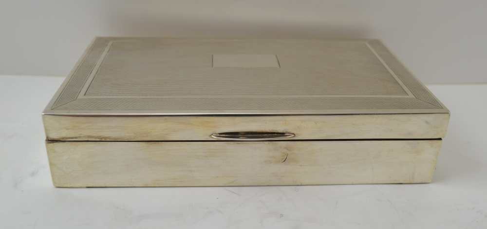 A 20TH CENTURY SILVER CIGARETTE BOX, engine turned hinged cover, cedar lined, Birmingham 1964, - Image 2 of 6