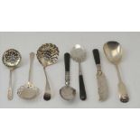 A SILVER SUGAR SCOOP, Newcastle 1843, three sifting spoons London 1881, London 1906, Birmingham