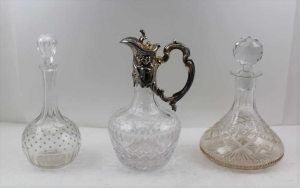 A THOMAS WEBB CUT GLASS SHIPS DECANTER with ball stopper, together with a claret jug with silver - Image 2 of 5