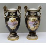 A PAIR OF JAPANESE NORITAKE PORCELAIN VASES, in the European taste, of urn form fitted twin handles,