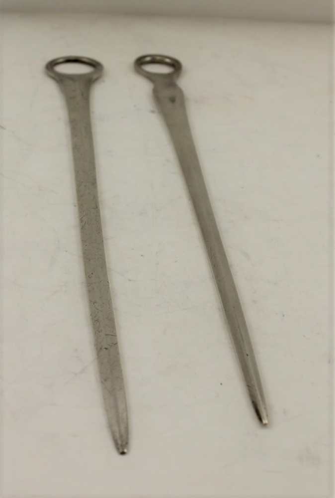 TWO GEORGE III SILVER MEAT SKEWERS, both with ring handles, one London 1804, the longest 31.5cm, - Image 2 of 3