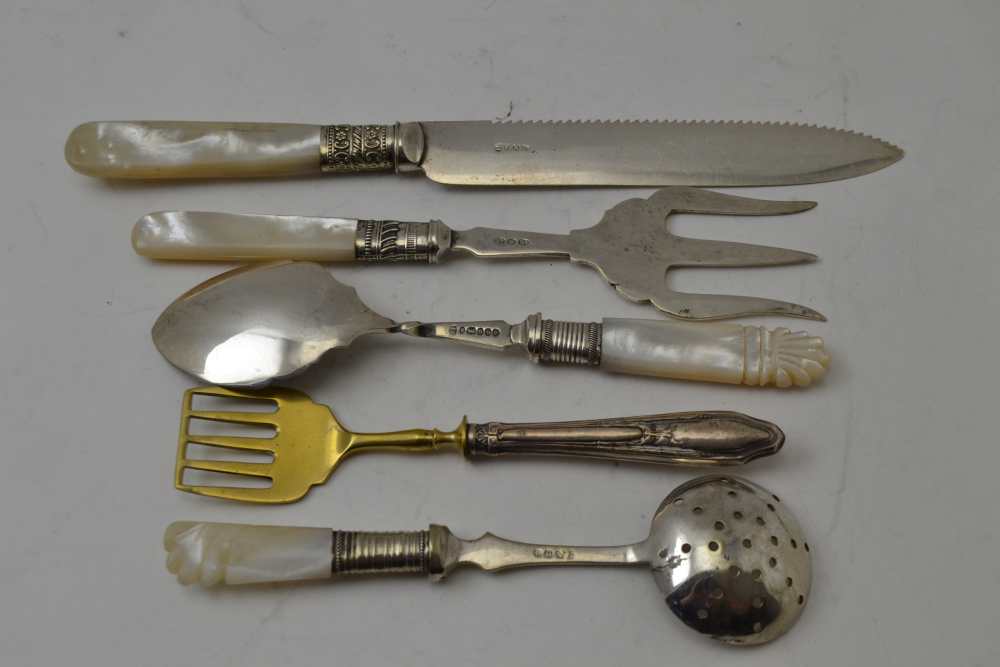 TEN FRENCH WHITE METAL OYSTER FORKS, a silver handled sardine server, five silver plated serving - Image 2 of 3