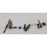 A BLOODSTONE WATCH SEAL, two agate handled seals, an agate handled miniature knife, scent bottle,