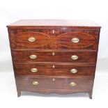 A 19TH CENTURY MAHOGANY SECRETAIRE CHEST having crossbanded and string inlaid top, the top drawer