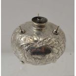 DUTCH SILVER TABLE LIGHTER embossed bun form, in the round with three landscape reserves, the top