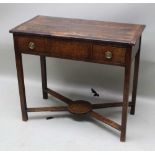 A 19TH CENTURY OAK LOWBOY, crossbanding to top, two drawers with brass rope ring handles, square