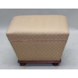 A LATE 19TH / EARLY 20TH CENTURY MAHOGANY BASED BOX OTTOMAN STOOL, with gold trellis patterned